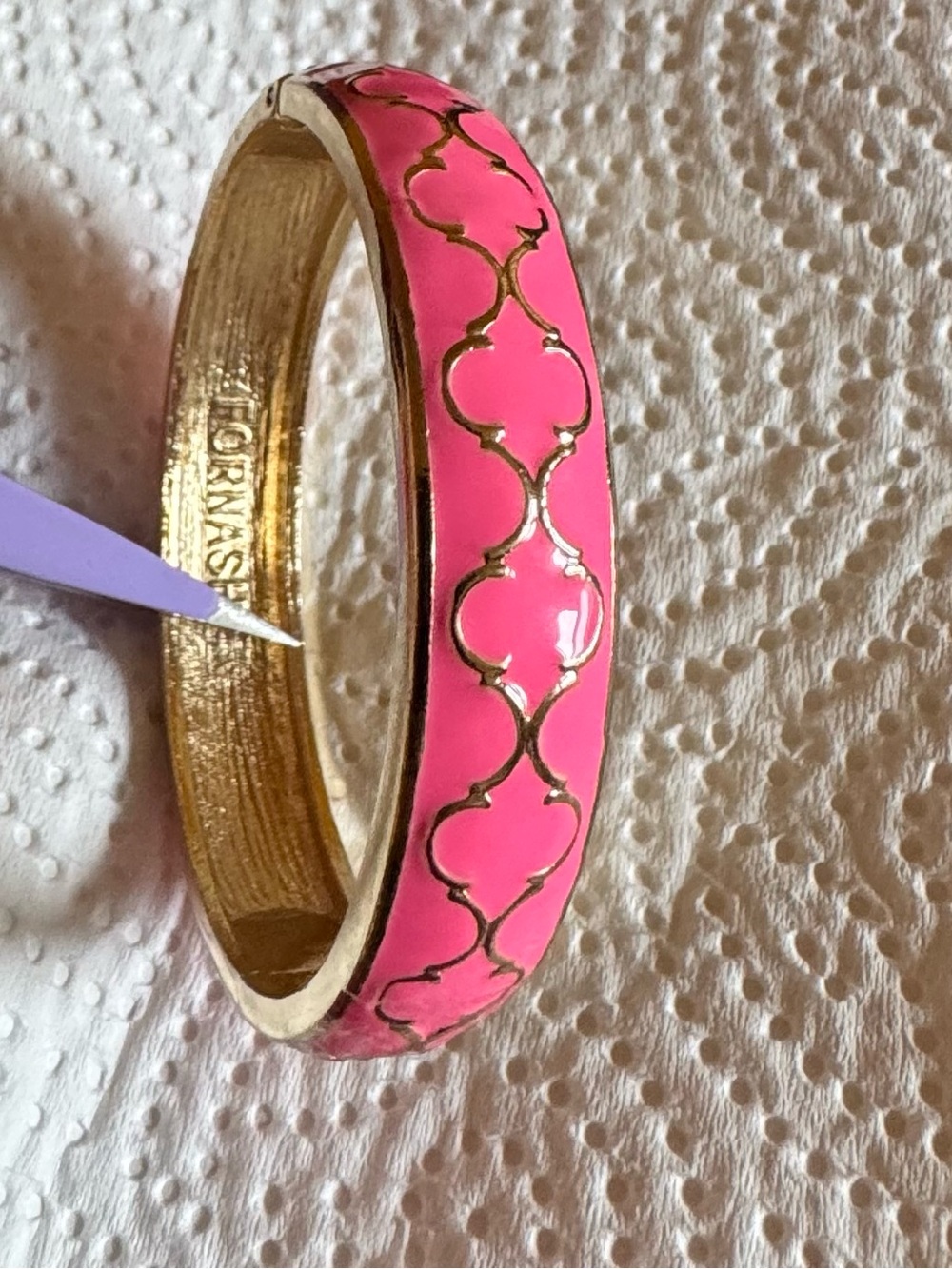 Gold-Tone Pink Enamel Bangle Bracelet with Lattice Detail